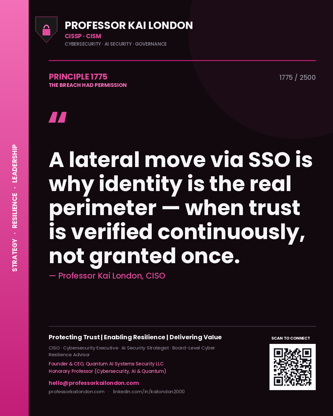 Professor Kai London principle 1775: A lateral move via SSO is why identity is the real perimeter — when trust is verified continuously, not granted once.