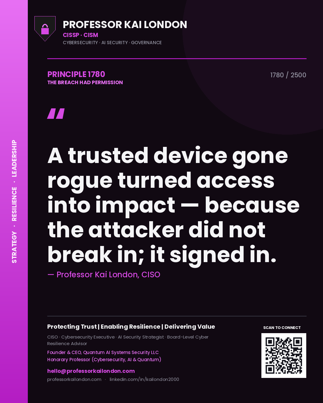 Professor Kai London principle 1780: A trusted device gone rogue turned access into impact — because the attacker did not break in; it signed in.