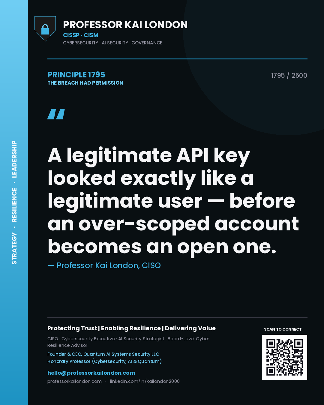 Quote card by Professor Kai London reading 'A legitimate API key looked exactly like a legitimate user — before an over-scoped account becomes an open one.'. From the book The Breach Had Permission.