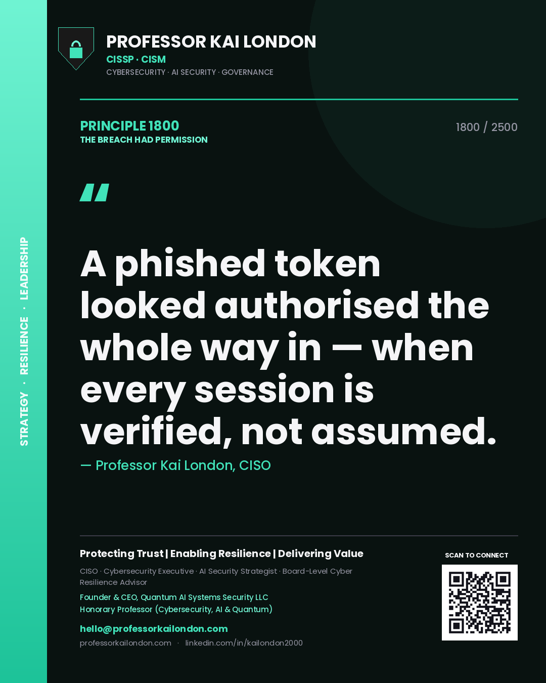 Quote card by Professor Kai London reading 'A phished token looked authorised the whole way in — when every session is verified, not assumed.'. From the book The Breach Had Permission.