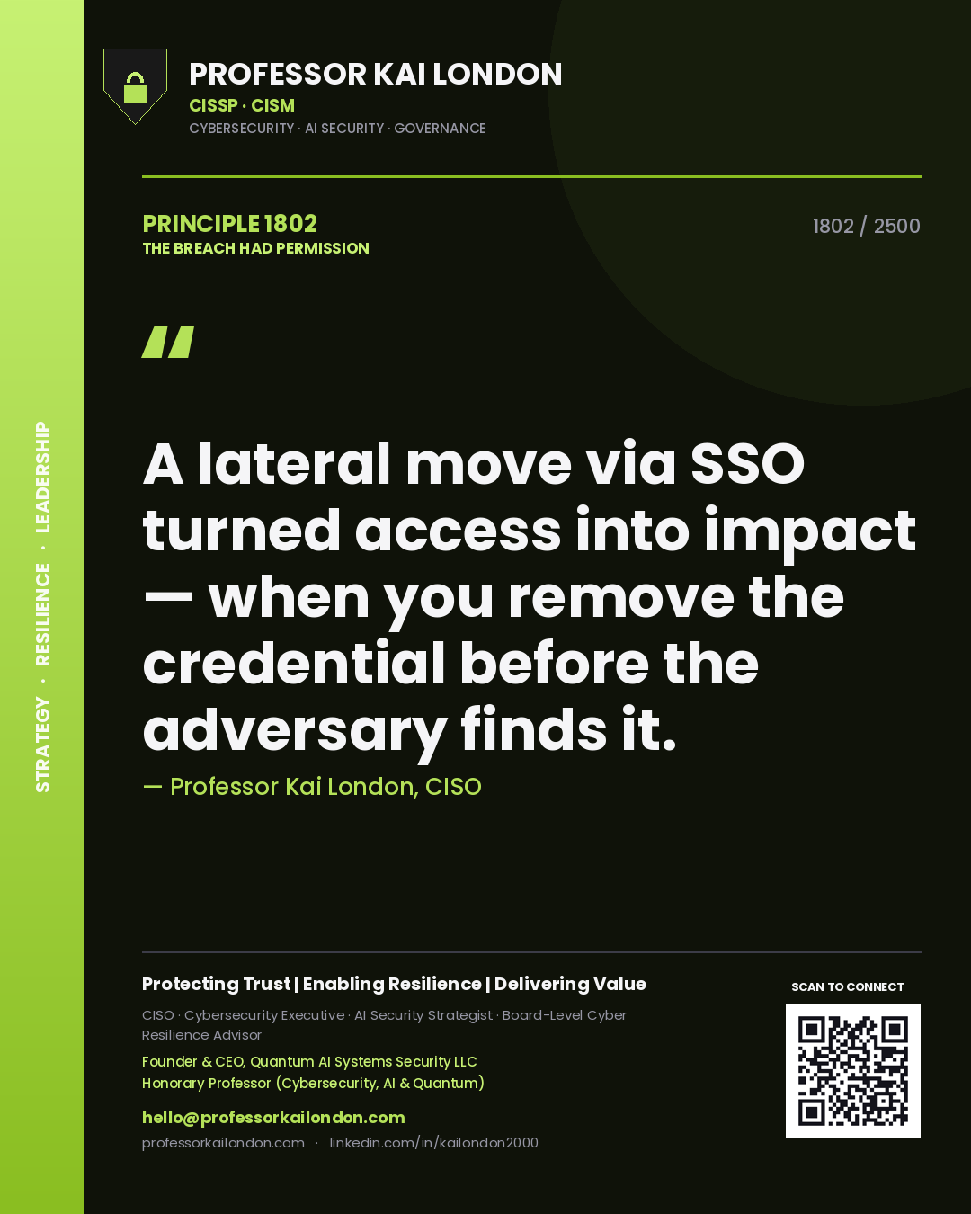 Quote card by Professor Kai London reading 'A lateral move via SSO turned access into impact — when you remove the credential before the adversary finds it.'. From the book The Breach Had Permission.