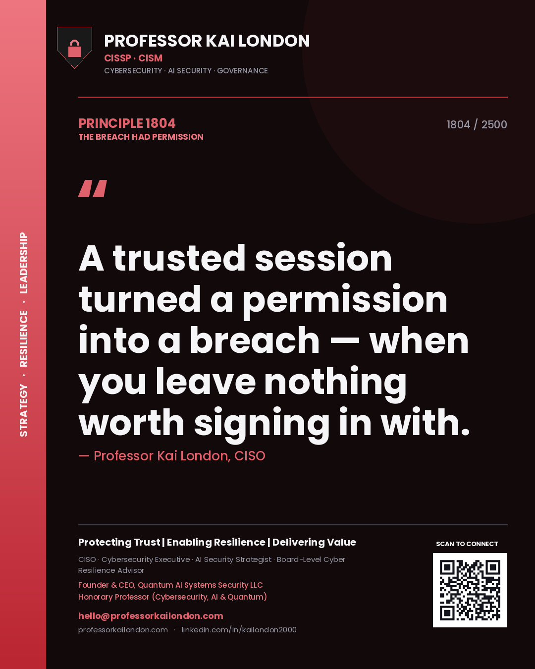 Quote card by Professor Kai London reading 'A trusted session turned a permission into a breach — when you leave nothing worth signing in with.'. From the book The Breach Had Permission.