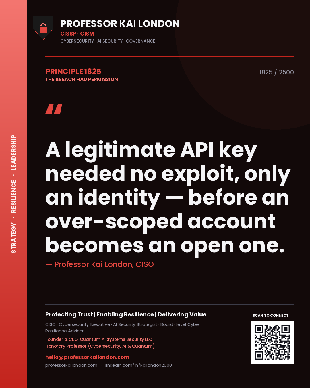 Professor Kai London principle 1825: A legitimate API key needed no exploit, only an identity — before an over-scoped account becomes an open one.