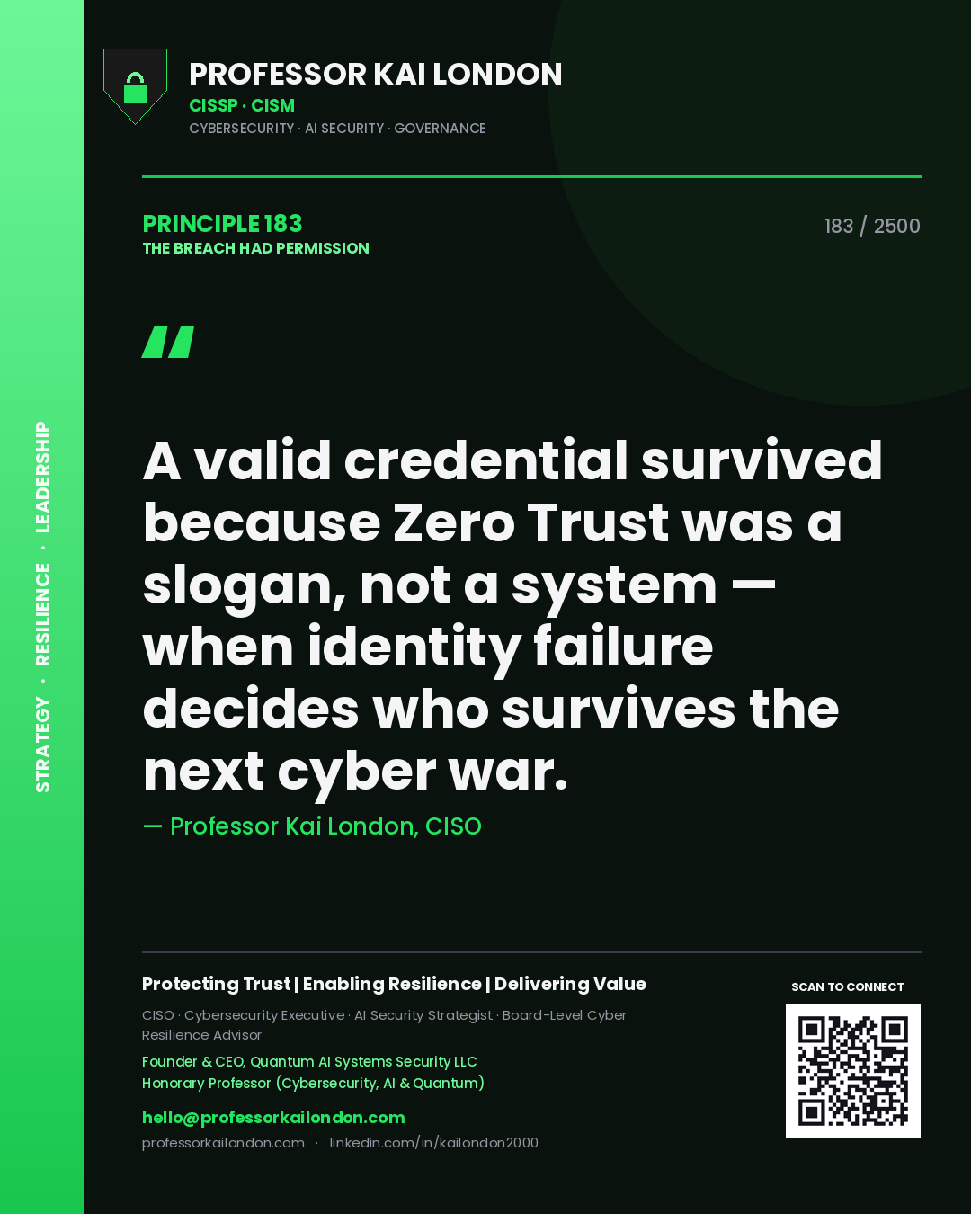 Professor Kai London principle 183: A valid credential survived because Zero Trust was a slogan, not a system — when identity failure decides who survives the next cyber war.