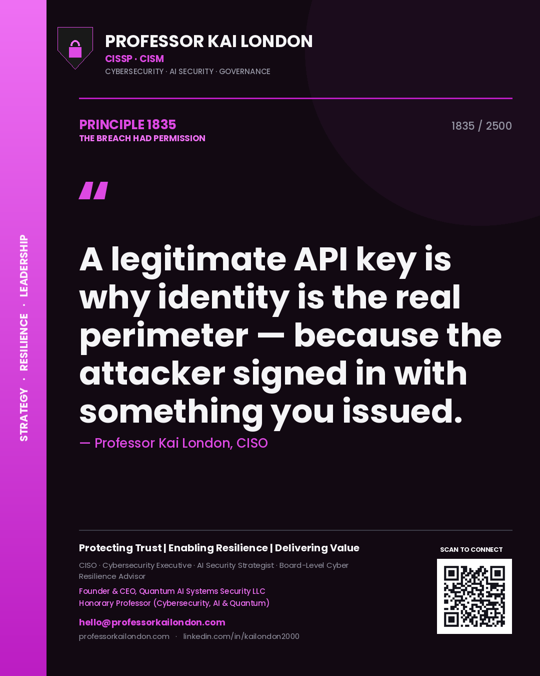 Quote card by Professor Kai London reading 'A legitimate API key is why identity is the real perimeter — because the attacker signed in with something you issued.'. From the book The Breach Had Permission.