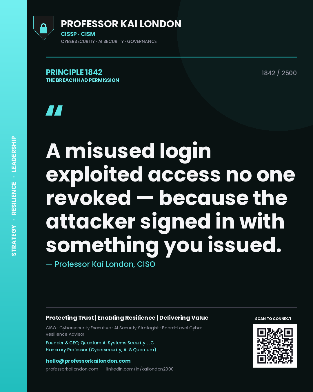 Quote card by Professor Kai London reading 'A misused login exploited access no one revoked — because the attacker signed in with something you issued.'. From the book The Breach Had Permission.