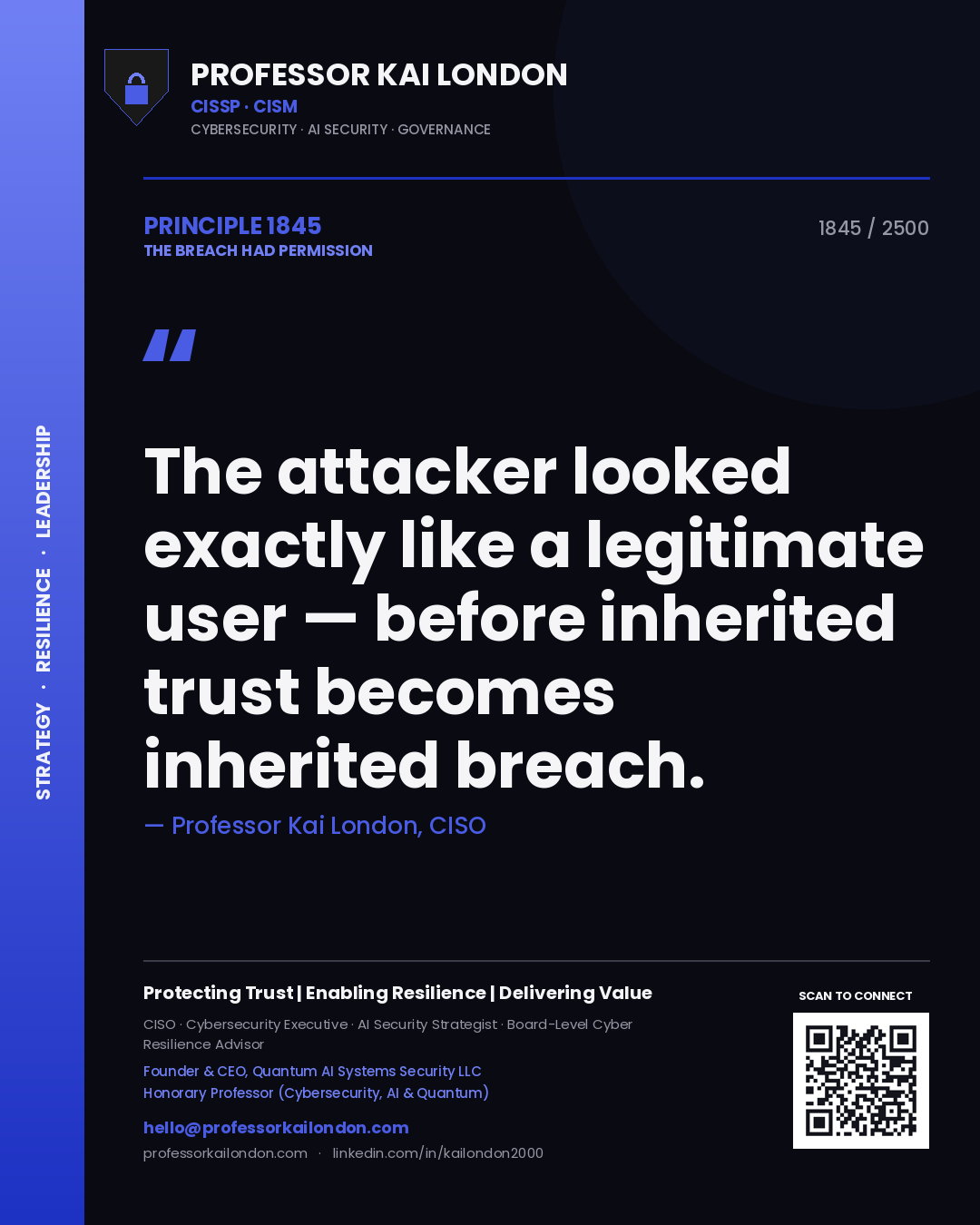 Professor Kai London principle 1845: The attacker looked exactly like a legitimate user — before inherited trust becomes inherited breach.