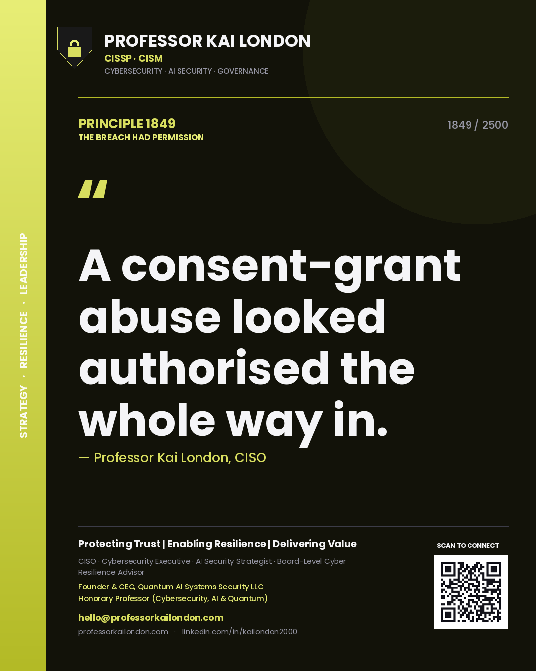 Quote card by Professor Kai London reading 'A consent-grant abuse looked authorised the whole way in.'. From the book The Breach Had Permission.