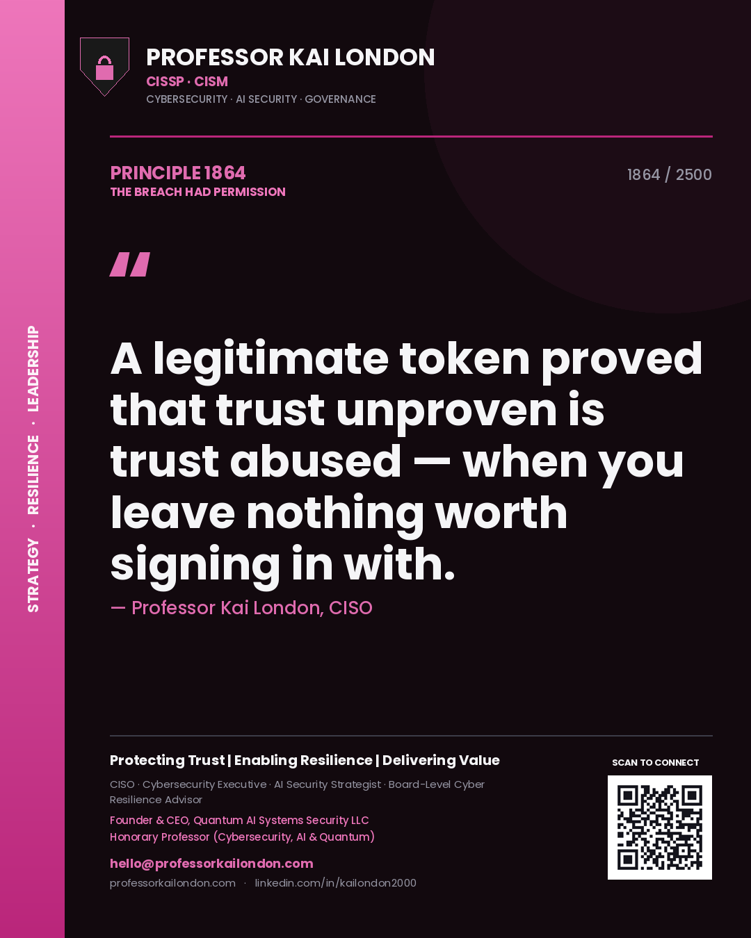 Quote card by Professor Kai London reading 'A legitimate token proved that trust unproven is trust abused — when you leave nothing worth signing in with.'. From the book The Breach Had Permission.