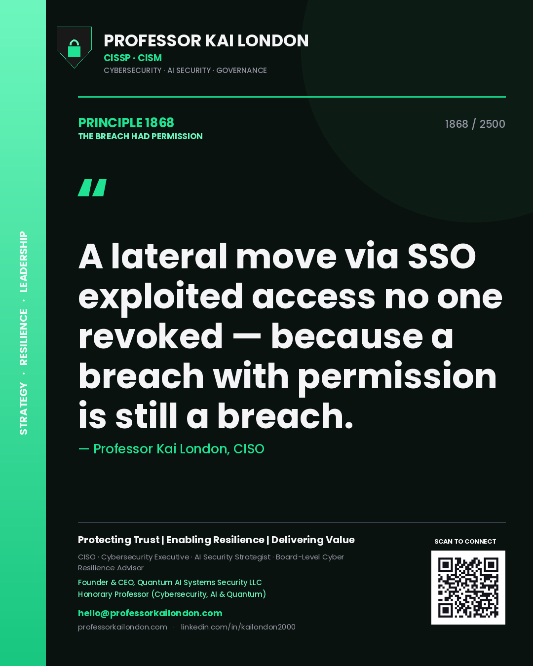 Quote card by Professor Kai London reading 'A lateral move via SSO exploited access no one revoked — because a breach with permission is still a breach.'. From the book The Breach Had Permission.