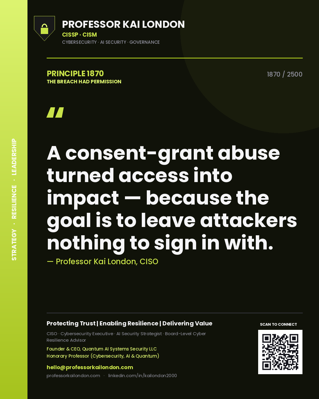 Professor Kai London principle 1870: A consent-grant abuse turned access into impact — because the goal is to leave attackers nothing to sign in with.