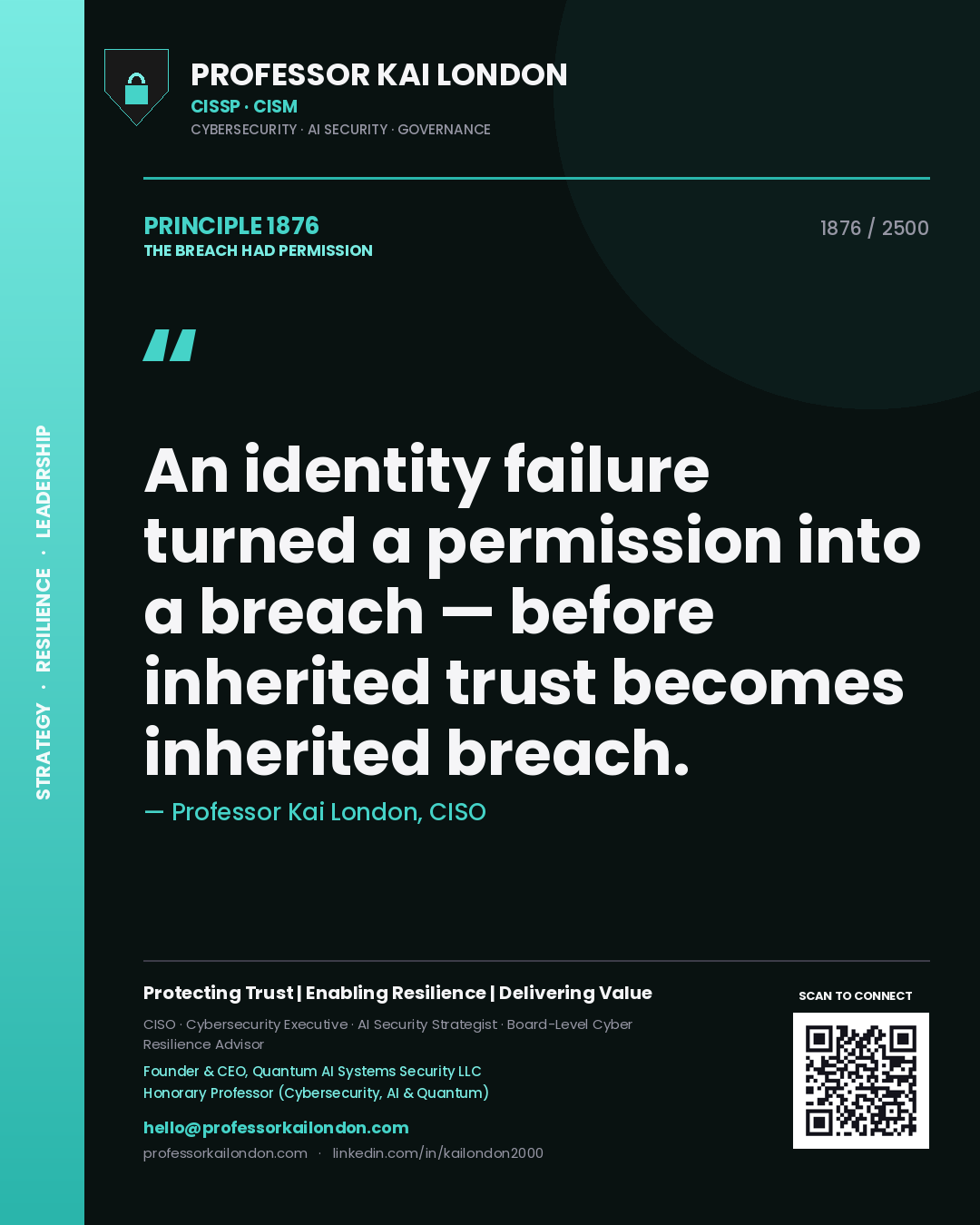 Quote card by Professor Kai London reading 'An identity failure turned a permission into a breach — before inherited trust becomes inherited breach.'. From the book The Breach Had Permission.