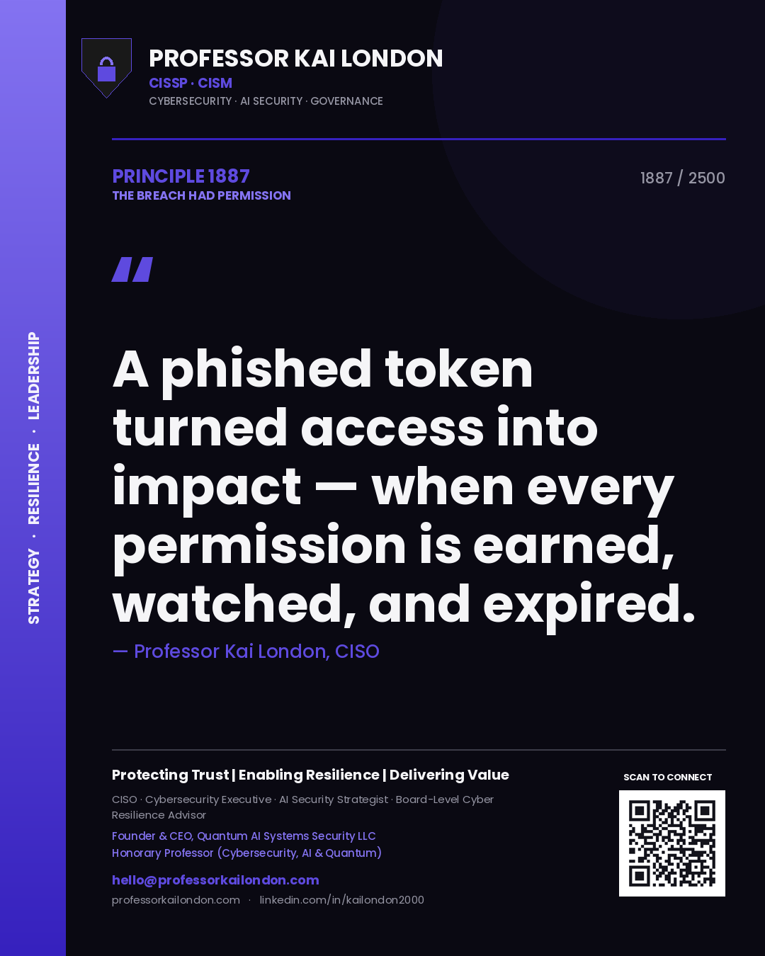 Quote card by Professor Kai London reading 'A phished token turned access into impact — when every permission is earned, watched, and expired.'. From the book The Breach Had Permission.