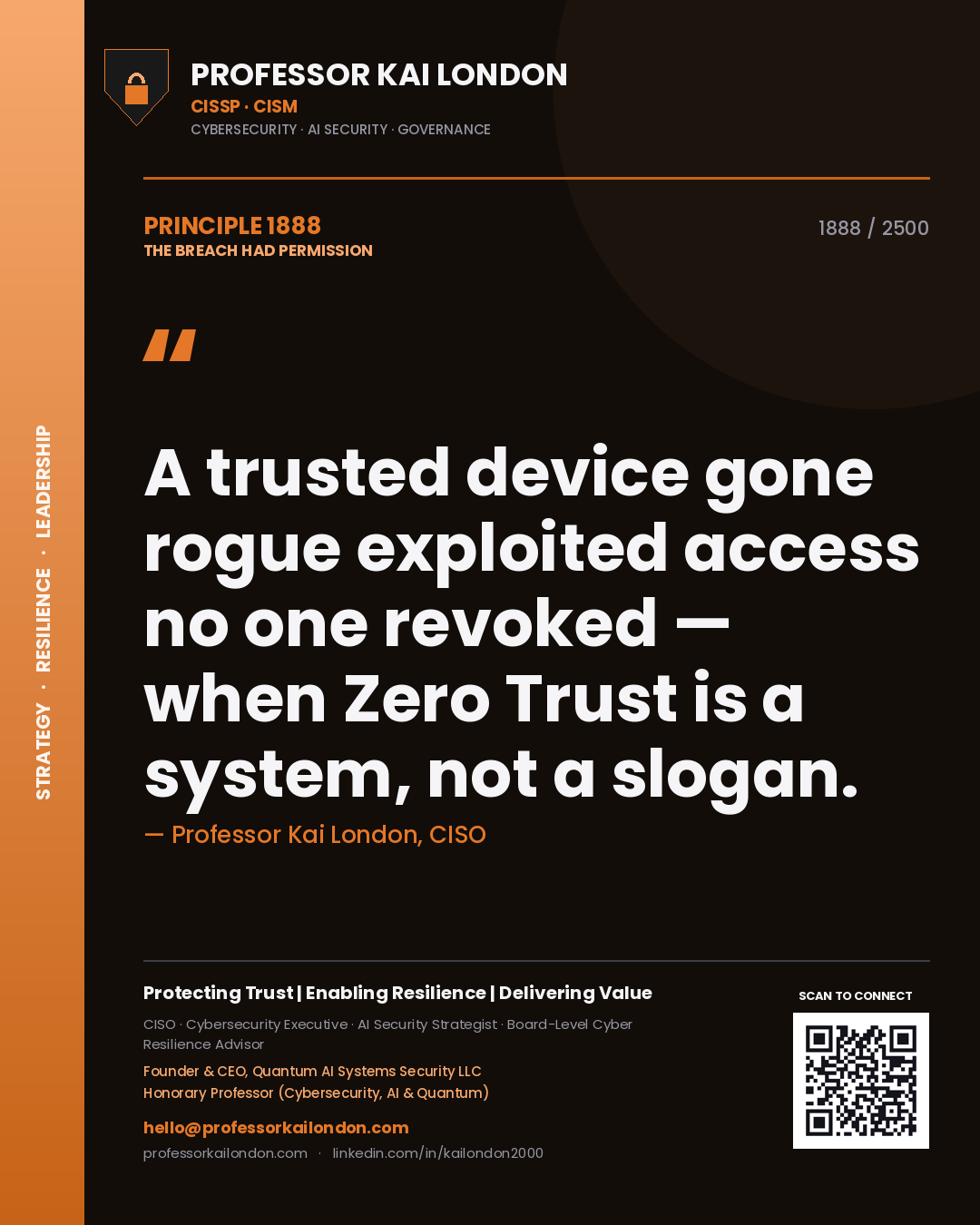 Professor Kai London principle 1888: A trusted device gone rogue exploited access no one revoked — when Zero Trust is a system, not a slogan.