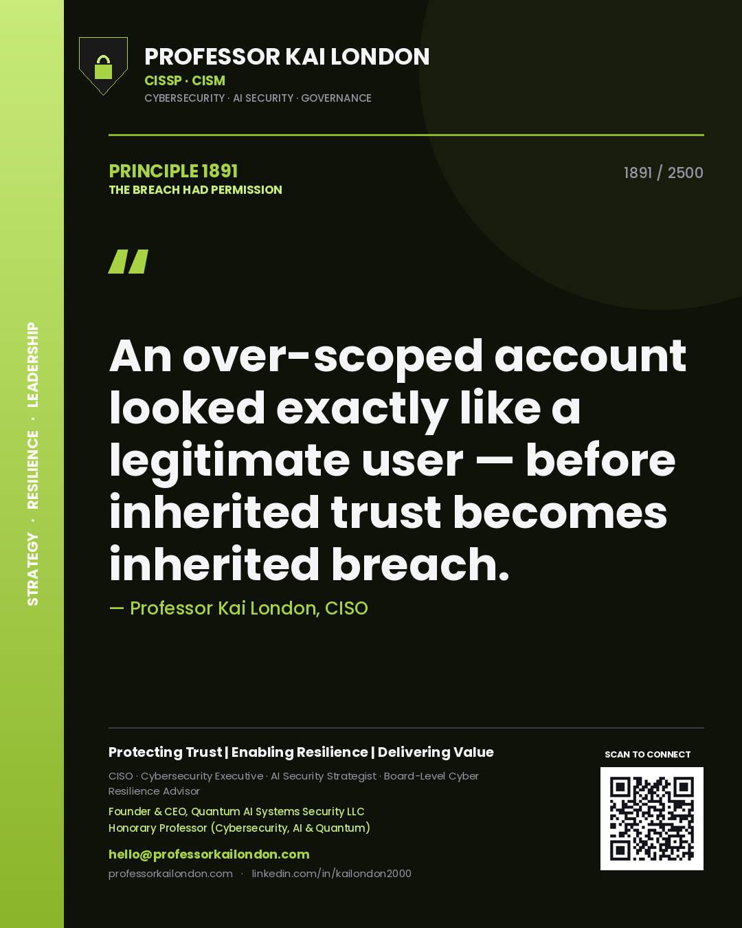 Professor Kai London principle 1891: An over-scoped account looked exactly like a legitimate user — before inherited trust becomes inherited breach.