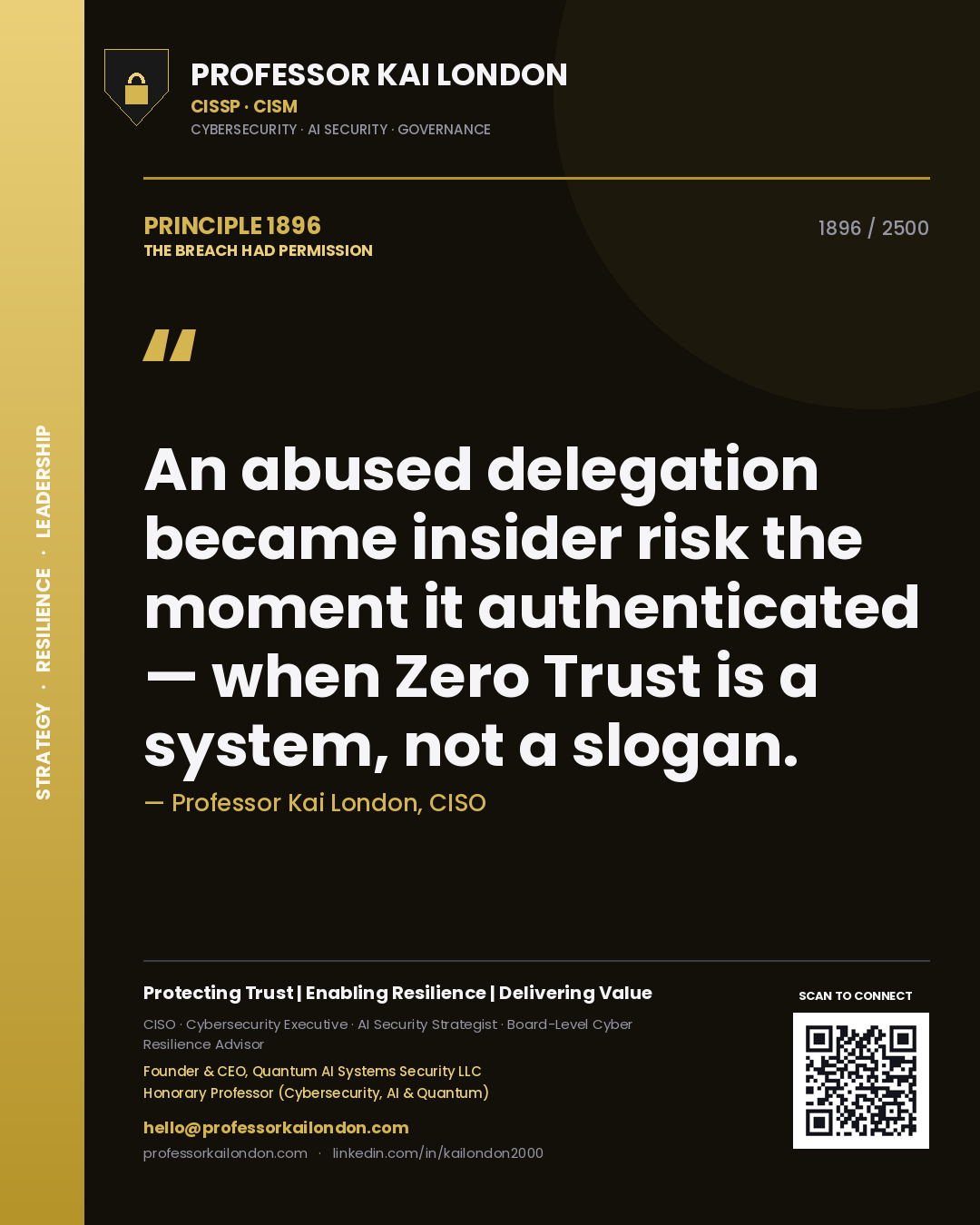 Professor Kai London principle 1896: An abused delegation became insider risk the moment it authenticated — when Zero Trust is a system, not a slogan.