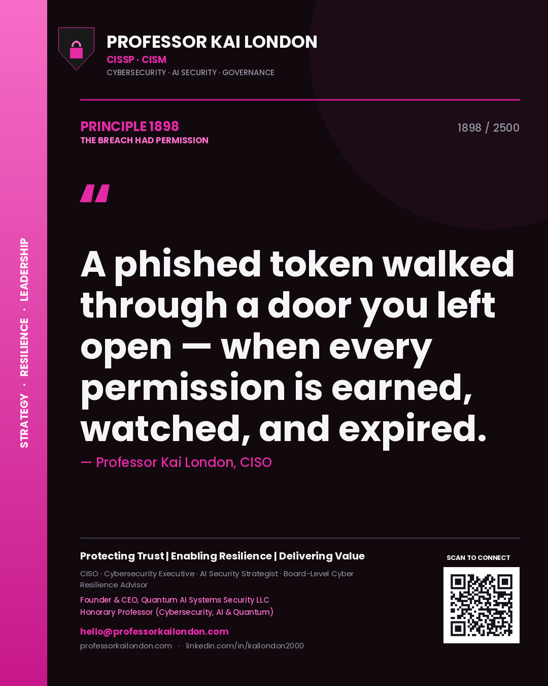 Professor Kai London principle 1898: A phished token walked through a door you left open — when every permission is earned, watched, and expired.