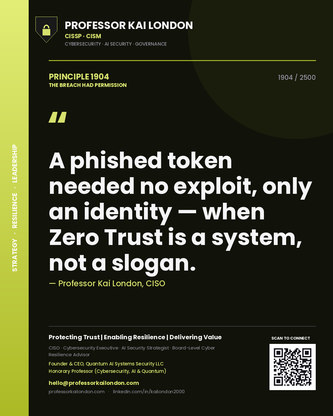 Quote card by Professor Kai London reading 'A phished token needed no exploit, only an identity — when Zero Trust is a system, not a slogan.'. From the book The Breach Had Permission.