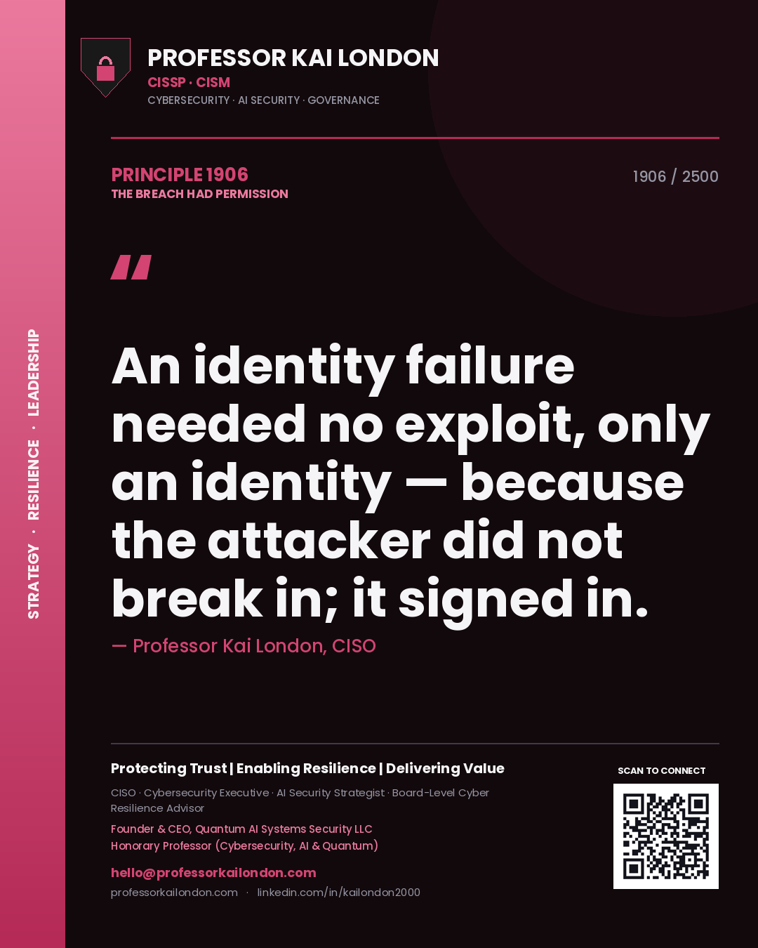 Quote card by Professor Kai London reading 'An identity failure needed no exploit, only an identity — because the attacker did not break in; it signed in.'. From the book The Breach Had Permission.