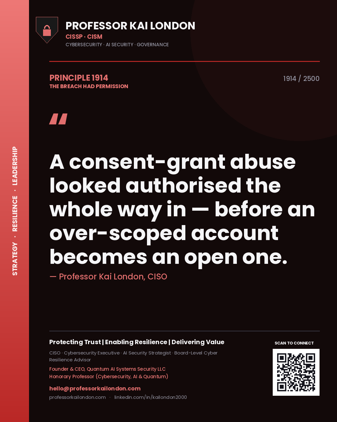 Professor Kai London principle 1914: A consent-grant abuse looked authorised the whole way in — before an over-scoped account becomes an open one.