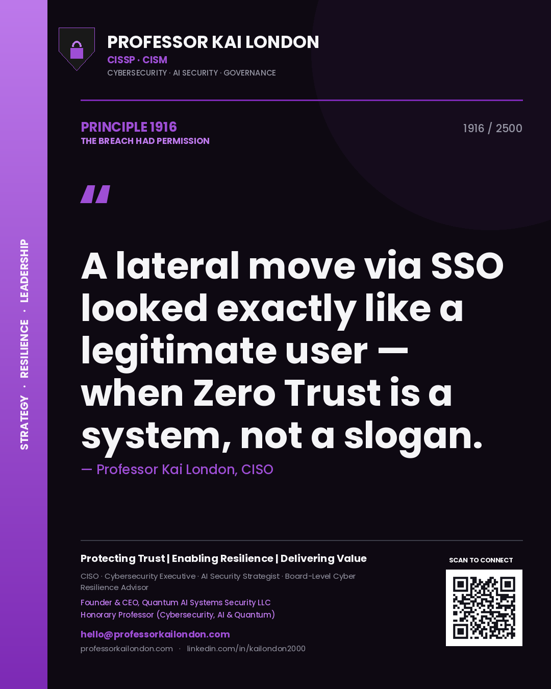 Professor Kai London principle 1916: A lateral move via SSO looked exactly like a legitimate user — when Zero Trust is a system, not a slogan.