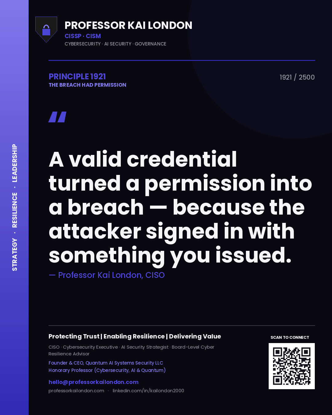 Professor Kai London principle 1921: A valid credential turned a permission into a breach — because the attacker signed in with something you issued.