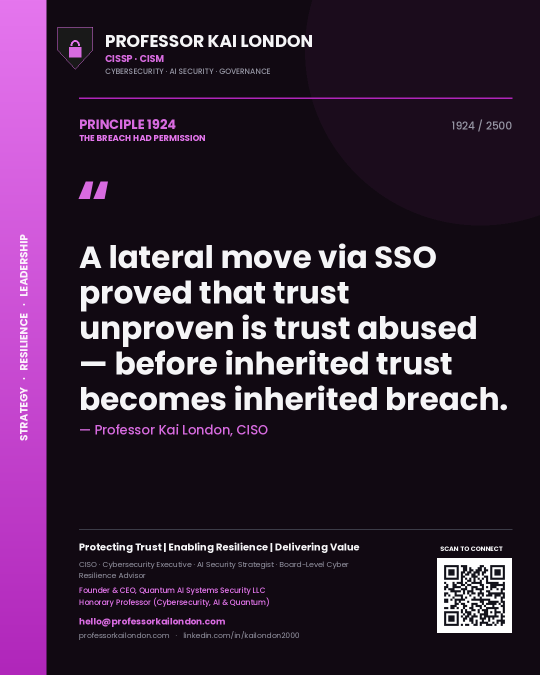 Professor Kai London principle 1924: A lateral move via SSO proved that trust unproven is trust abused — before inherited trust becomes inherited breach.