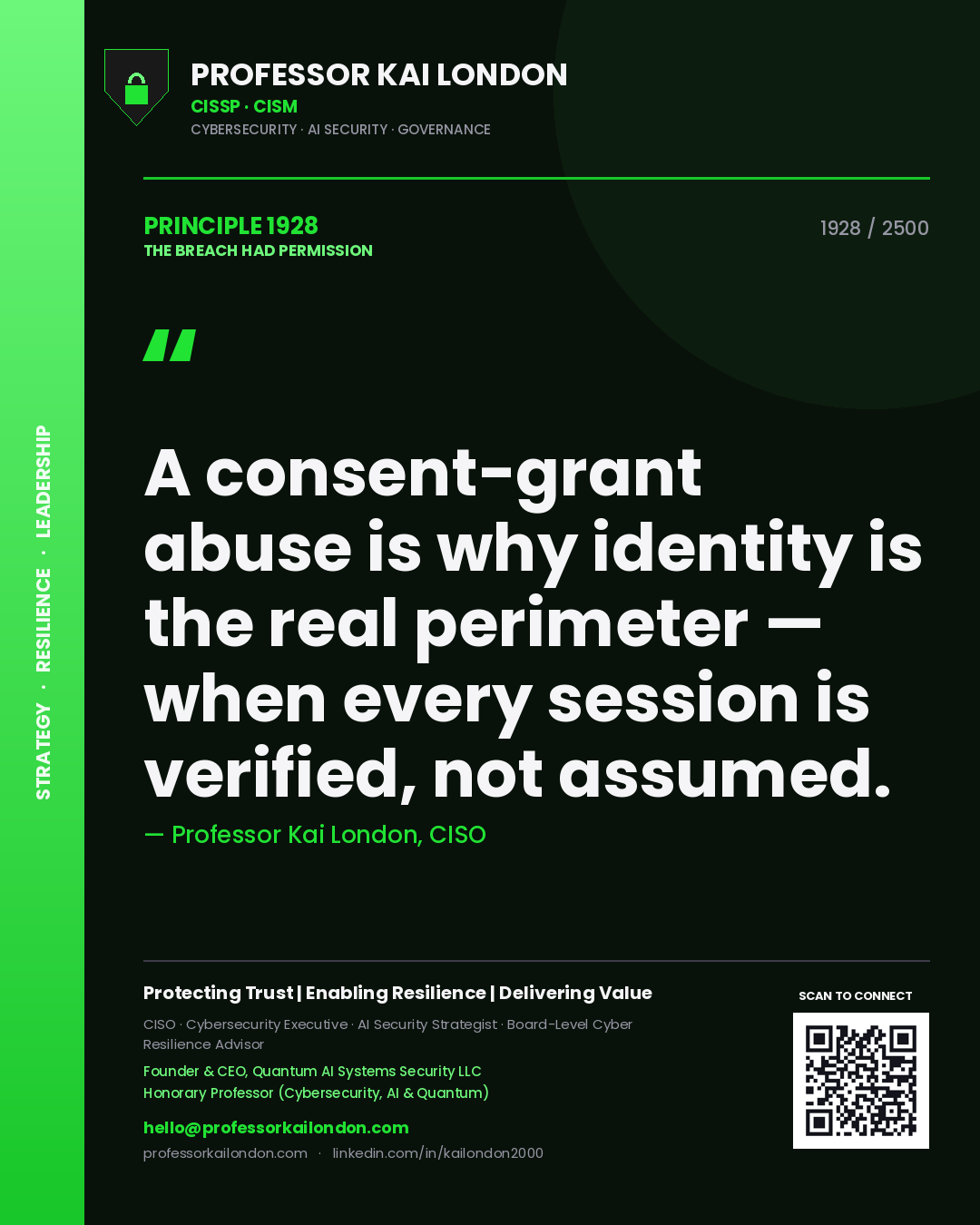 Professor Kai London principle 1928: A consent-grant abuse is why identity is the real perimeter — when every session is verified, not assumed.