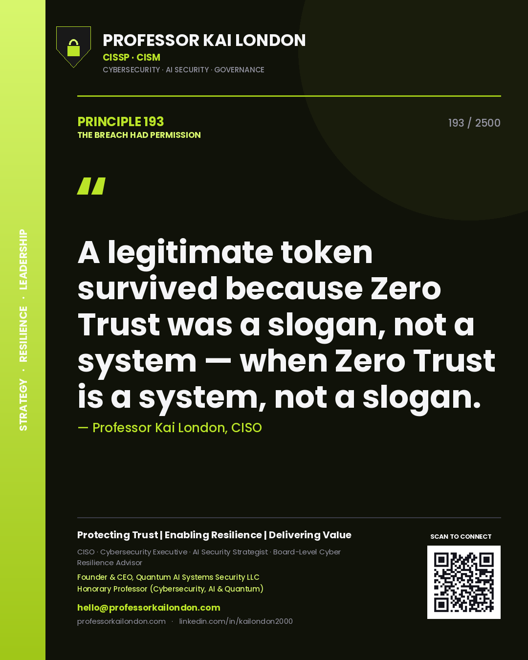 Professor Kai London principle 193: A legitimate token survived because Zero Trust was a slogan, not a system — when Zero Trust is a system, not a slogan.
