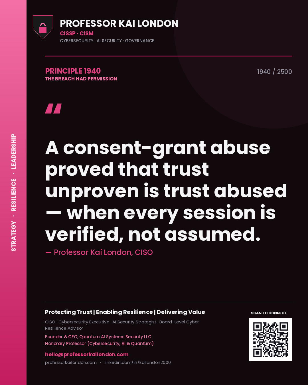 Quote card by Professor Kai London reading 'A consent-grant abuse proved that trust unproven is trust abused — when every session is verified, not assumed.'. From the book The Breach Had Permission.