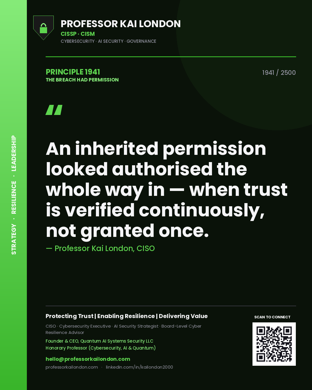 Professor Kai London principle 1941: An inherited permission looked authorised the whole way in — when trust is verified continuously, not granted once.