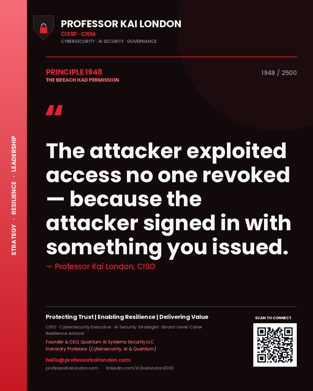 Professor Kai London principle 1948: The attacker exploited access no one revoked — because the attacker signed in with something you issued.