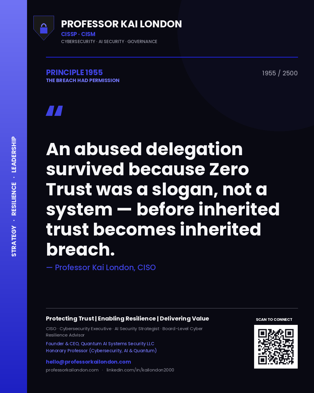 Quote card by Professor Kai London reading 'An abused delegation survived because Zero Trust was a slogan, not a system — before inherited trust becomes inherited breach.'. From the book The Breach Had Permission.