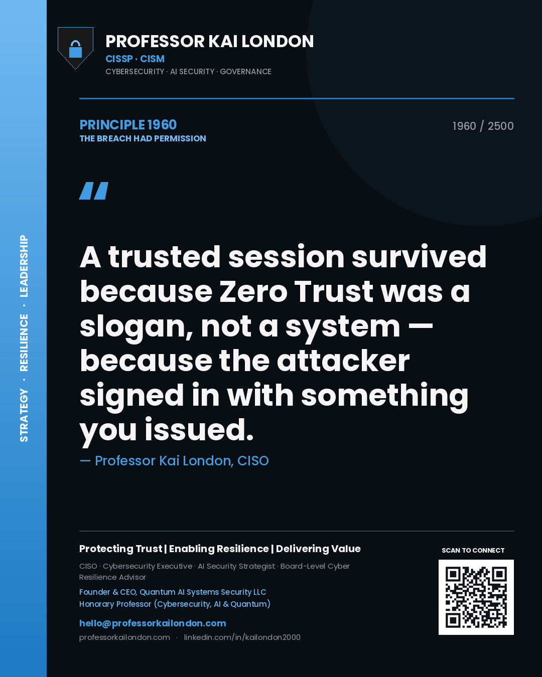 Professor Kai London principle 1960: A trusted session survived because Zero Trust was a slogan, not a system — because the attacker signed in with something you issued.