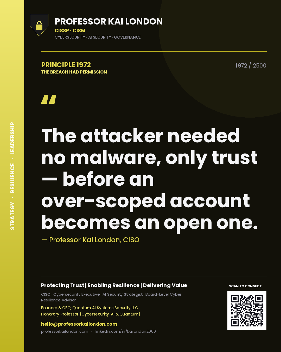 Quote card by Professor Kai London reading 'The attacker needed no malware, only trust — before an over-scoped account becomes an open one.'. From the book The Breach Had Permission.