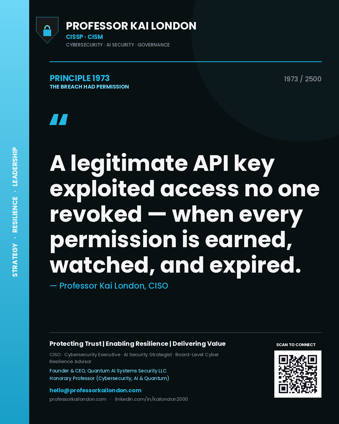 Professor Kai London principle 1973: A legitimate API key exploited access no one revoked — when every permission is earned, watched, and expired.