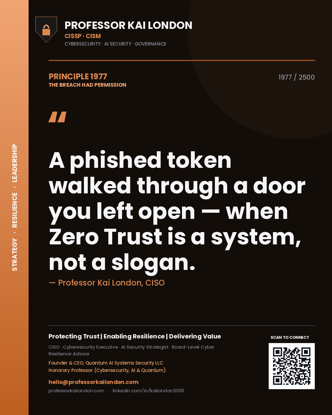 Quote card by Professor Kai London reading 'A phished token walked through a door you left open — when Zero Trust is a system, not a slogan.'. From the book The Breach Had Permission.