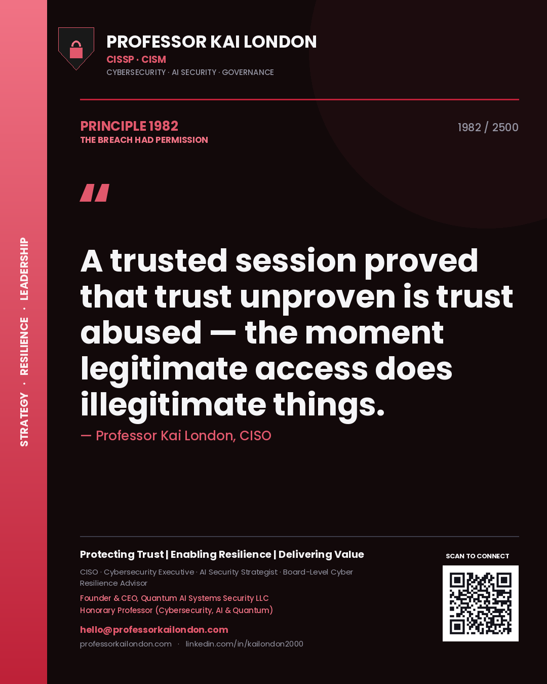 Professor Kai London principle 1982: A trusted session proved that trust unproven is trust abused — the moment legitimate access does illegitimate things.