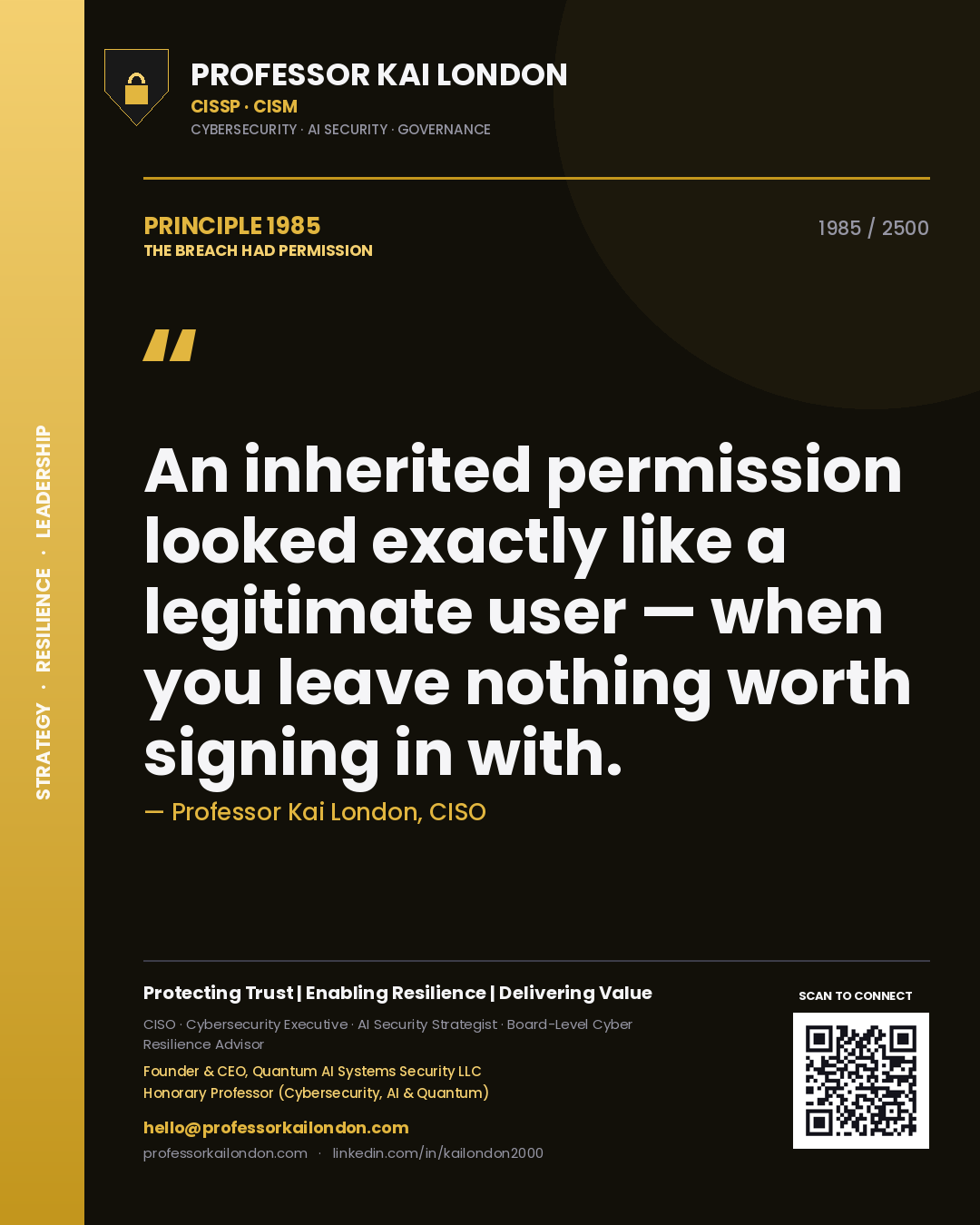 Professor Kai London principle 1985: An inherited permission looked exactly like a legitimate user — when you leave nothing worth signing in with.
