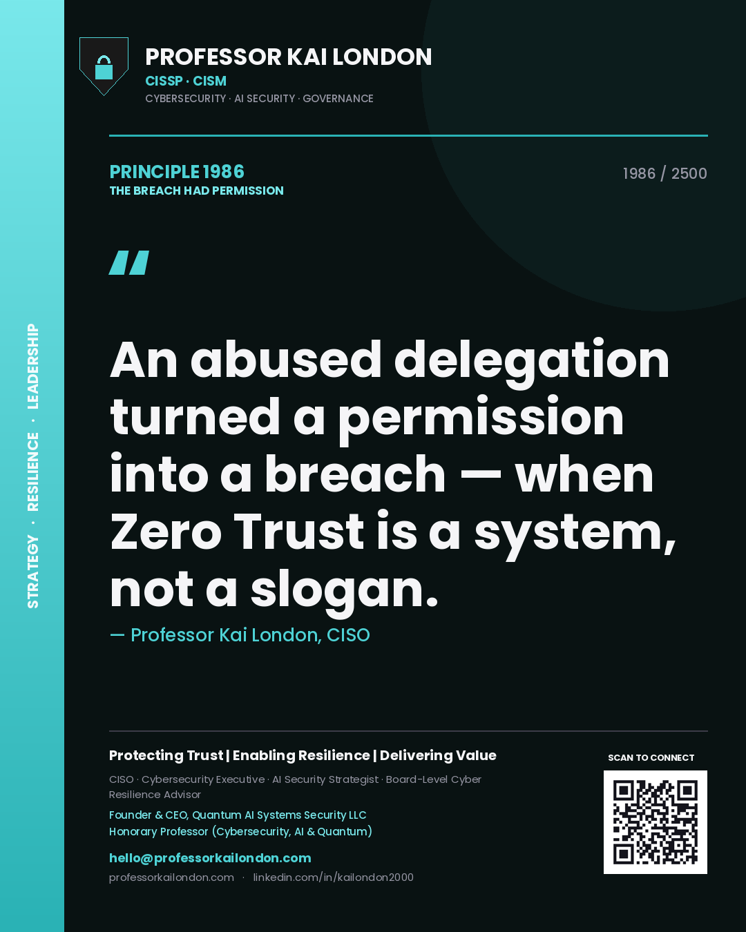 Quote card by Professor Kai London reading 'An abused delegation turned a permission into a breach — when Zero Trust is a system, not a slogan.'. From the book The Breach Had Permission.