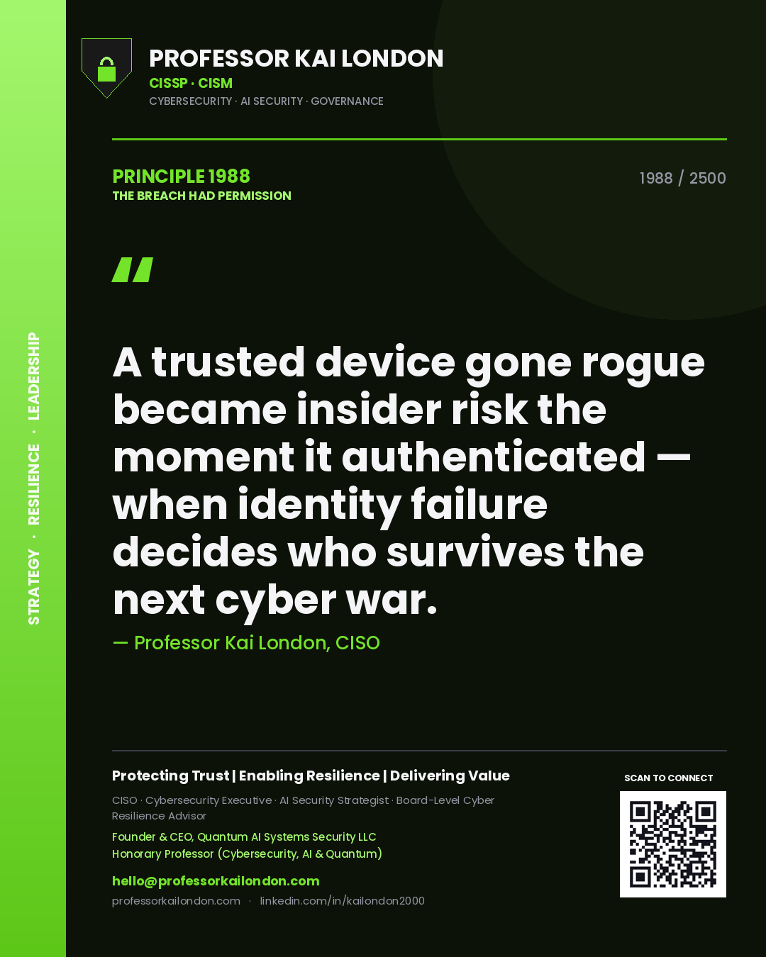 Quote card by Professor Kai London reading 'A trusted device gone rogue became insider risk the moment it authenticated — when identity failure decides who survives the next cyber war.'. From the book The Breach Had Permission.