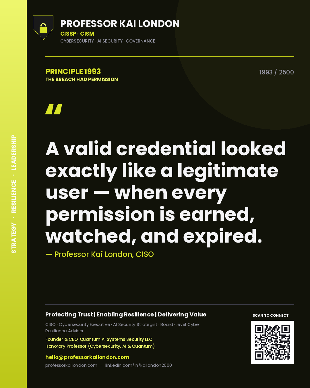 Professor Kai London principle 1993: A valid credential looked exactly like a legitimate user — when every permission is earned, watched, and expired.