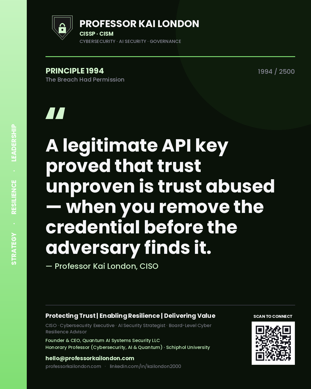 Professor Kai London principle 1994: A legitimate API key proved that trust unproven is trust abused — when you remove the credential before the adversary finds it.