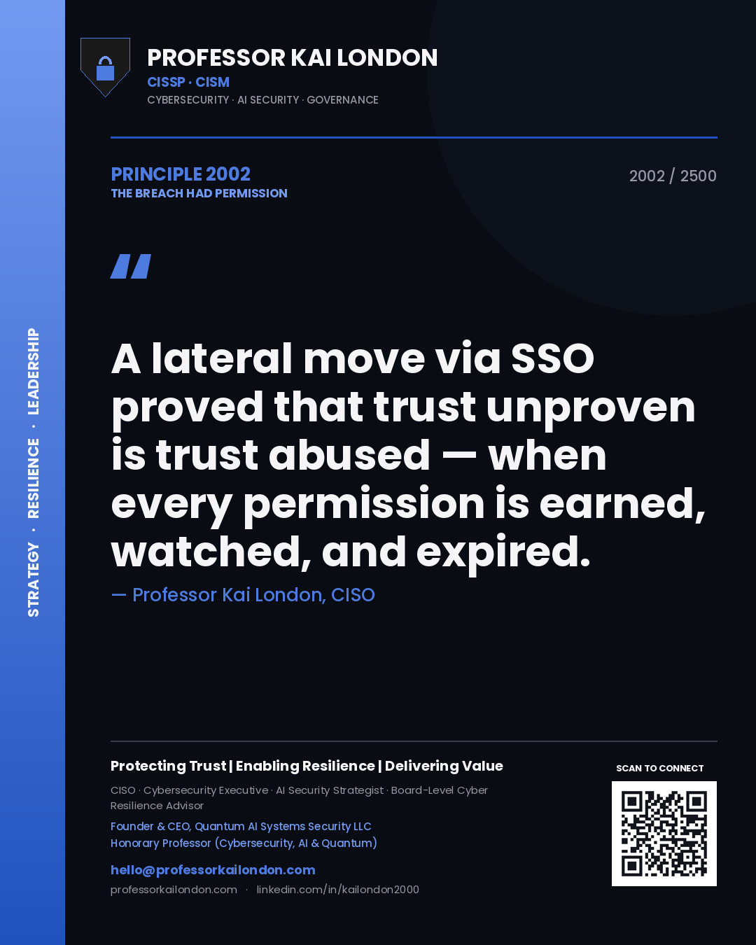 Quote card by Professor Kai London reading 'A lateral move via SSO proved that trust unproven is trust abused — when every permission is earned, watched, and expired.'. From the book The Breach Had Permission.