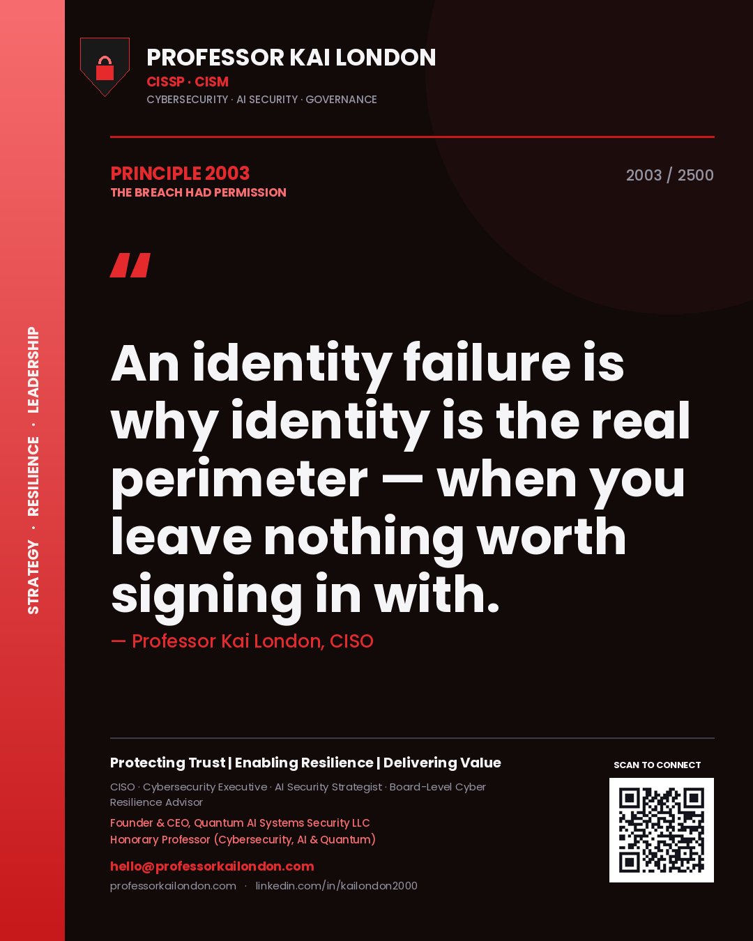 Quote card by Professor Kai London reading 'An identity failure is why identity is the real perimeter — when you leave nothing worth signing in with.'. From the book The Breach Had Permission.