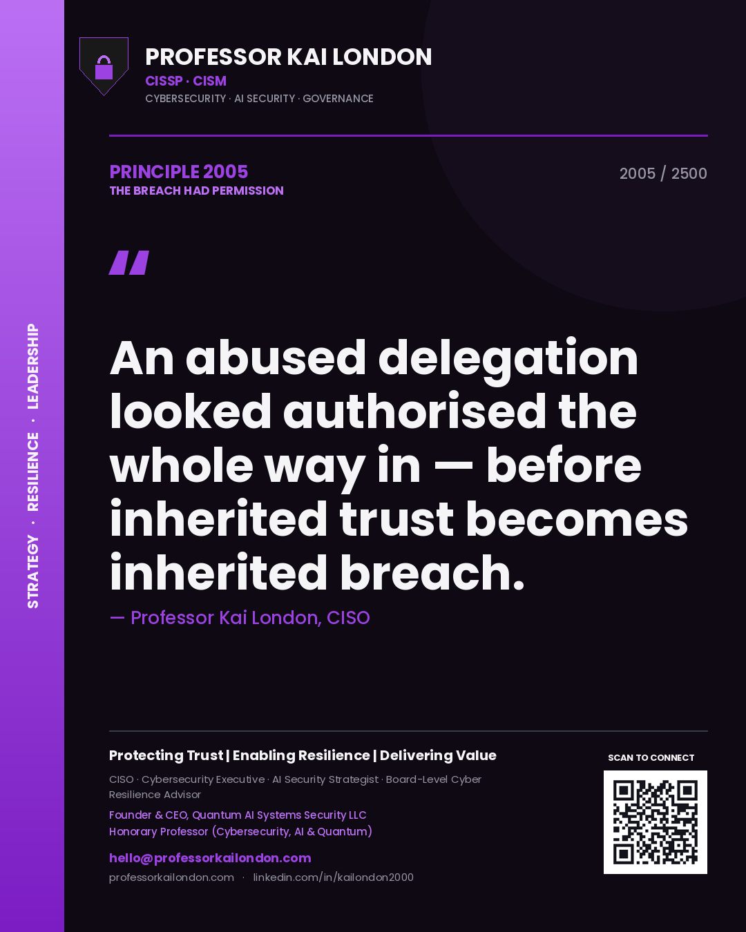 Quote card by Professor Kai London reading 'An abused delegation looked authorised the whole way in — before inherited trust becomes inherited breach.'. From the book The Breach Had Permission.