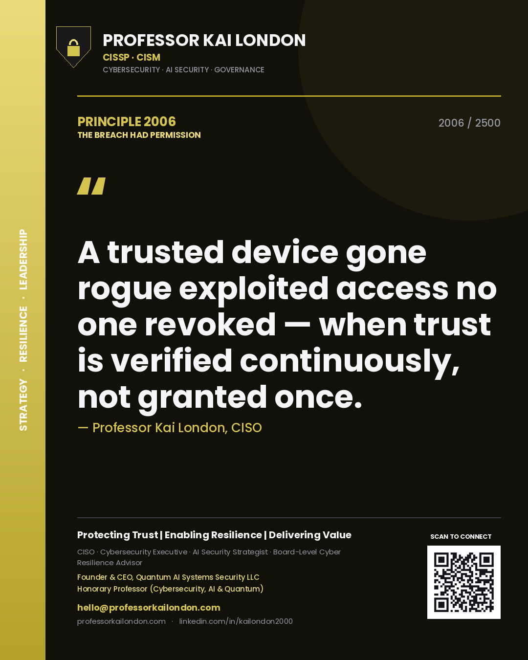 Quote card by Professor Kai London reading 'A trusted device gone rogue exploited access no one revoked — when trust is verified continuously, not granted once.'. From the book The Breach Had Permission.