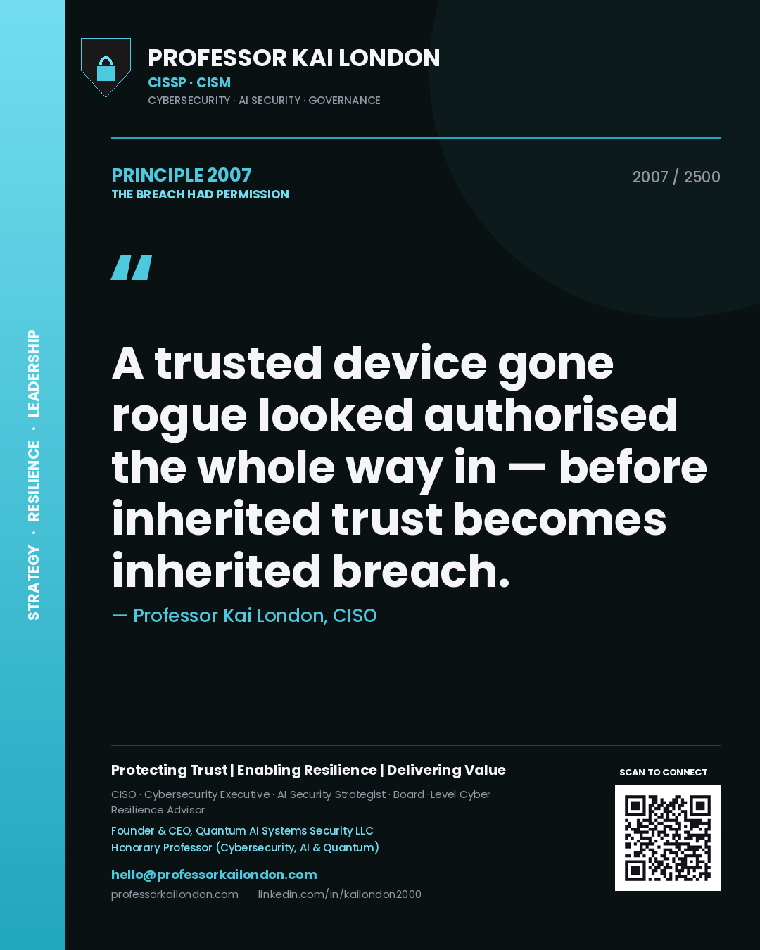 Quote card by Professor Kai London reading 'A trusted device gone rogue looked authorised the whole way in — before inherited trust becomes inherited breach.'. From the book The Breach Had Permission.