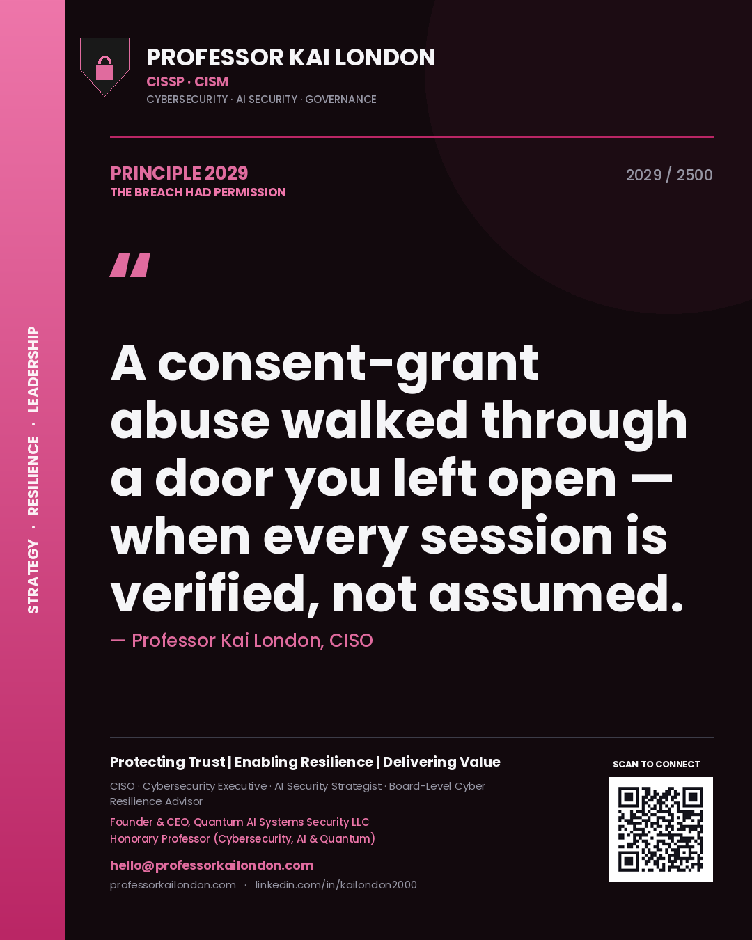 Quote card by Professor Kai London reading 'A consent-grant abuse walked through a door you left open — when every session is verified, not assumed.'. From the book The Breach Had Permission.