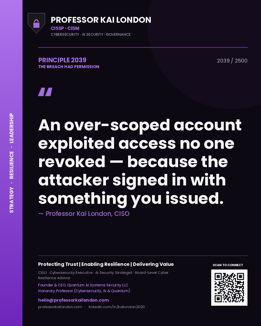 Quote card by Professor Kai London reading 'An over-scoped account exploited access no one revoked — because the attacker signed in with something you issued.'. From the book The Breach Had Permission.